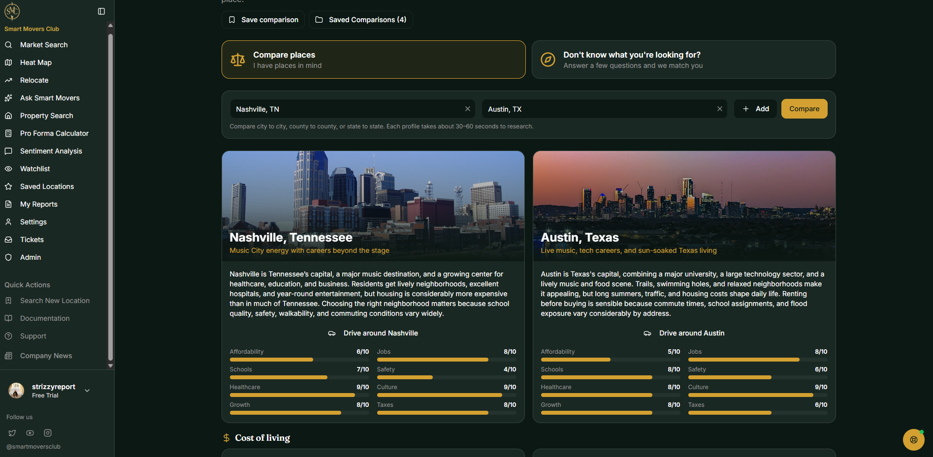 Smart Movers Club comparing Nashville, Tennessee and Austin, Texas side by side with drive-around scores for affordability, schools, safety and more