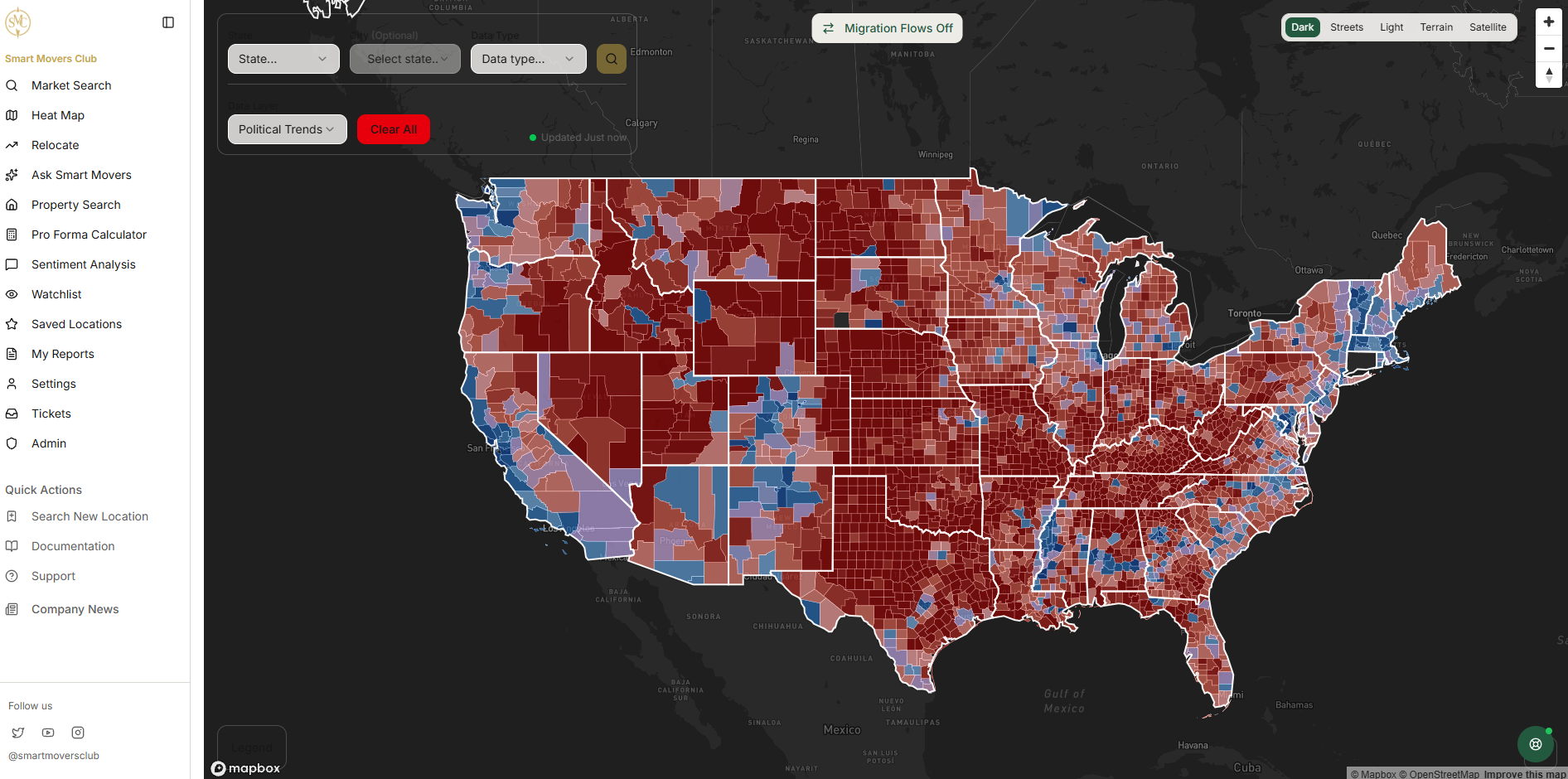 Smart Movers Club heat map showing migration and political trends by county across the United States