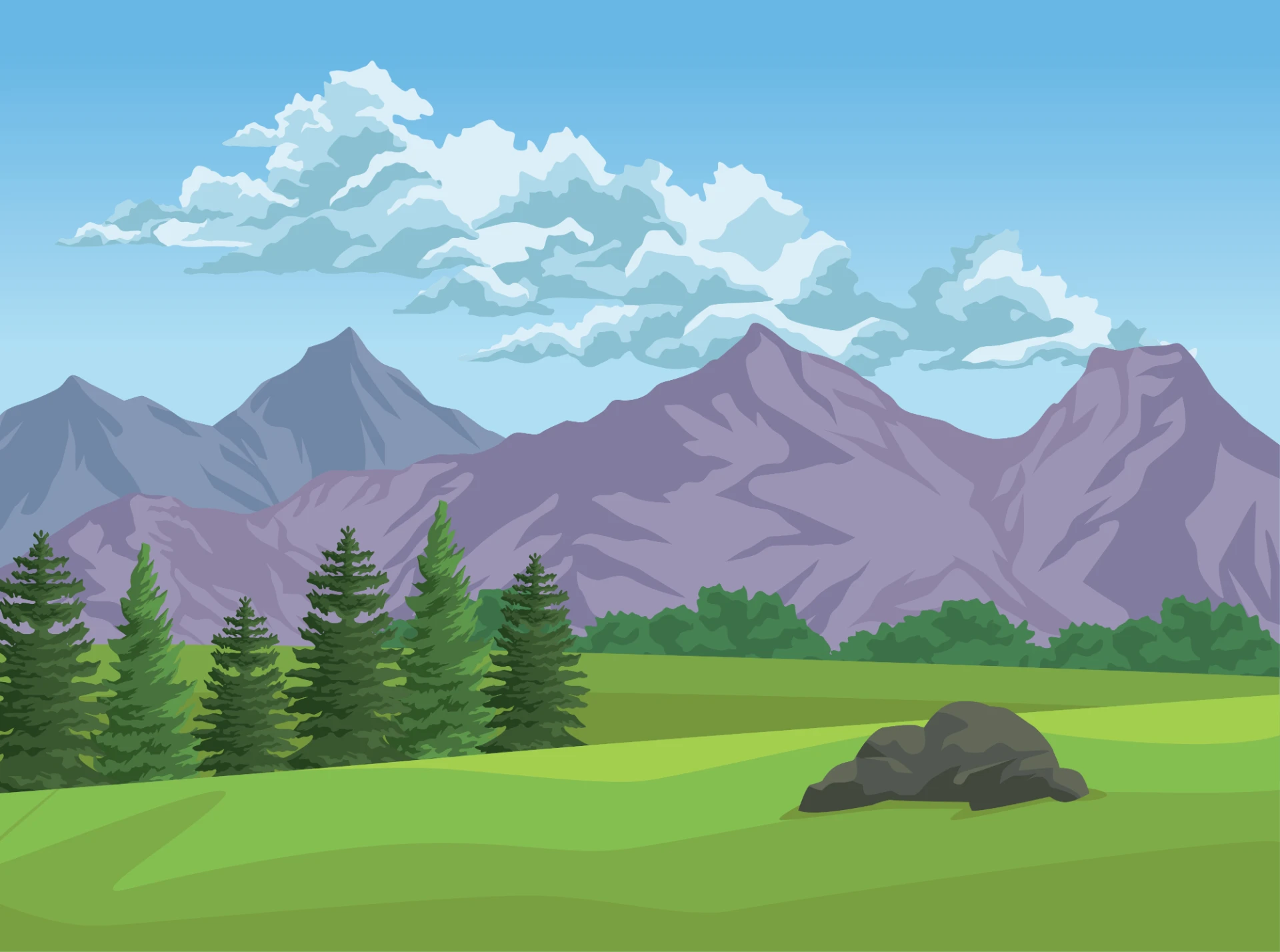 Illustrated mountains, pines and open ground