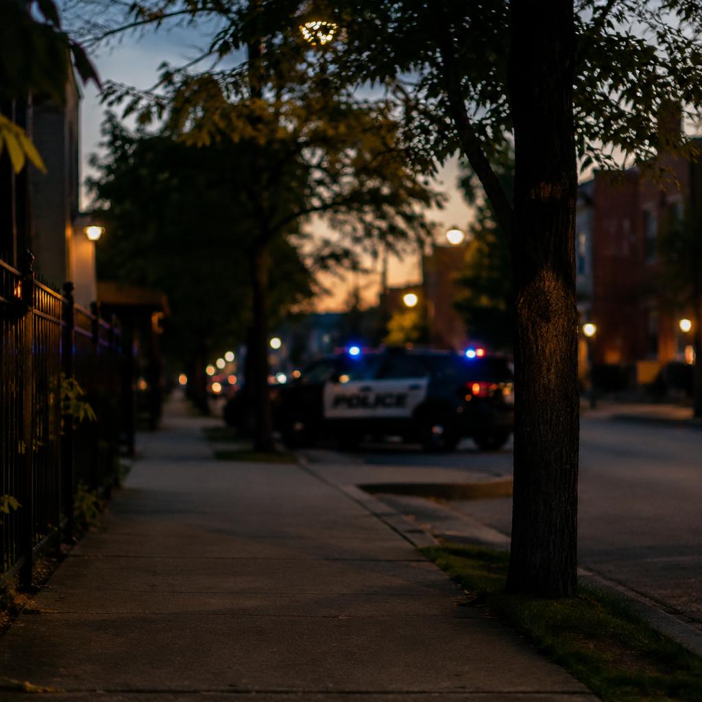 Quiet city street at dusk with streetlights glowing