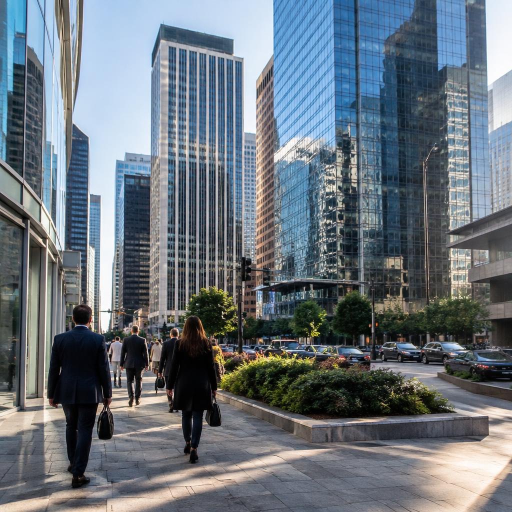 Downtown business district with office towers and commuters