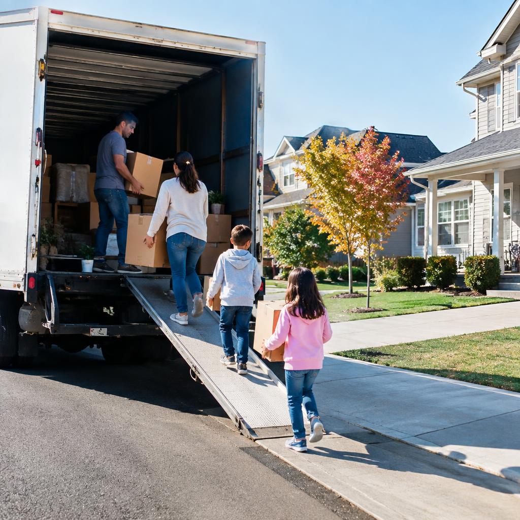 Family unloading a moving truck into a new suburban home