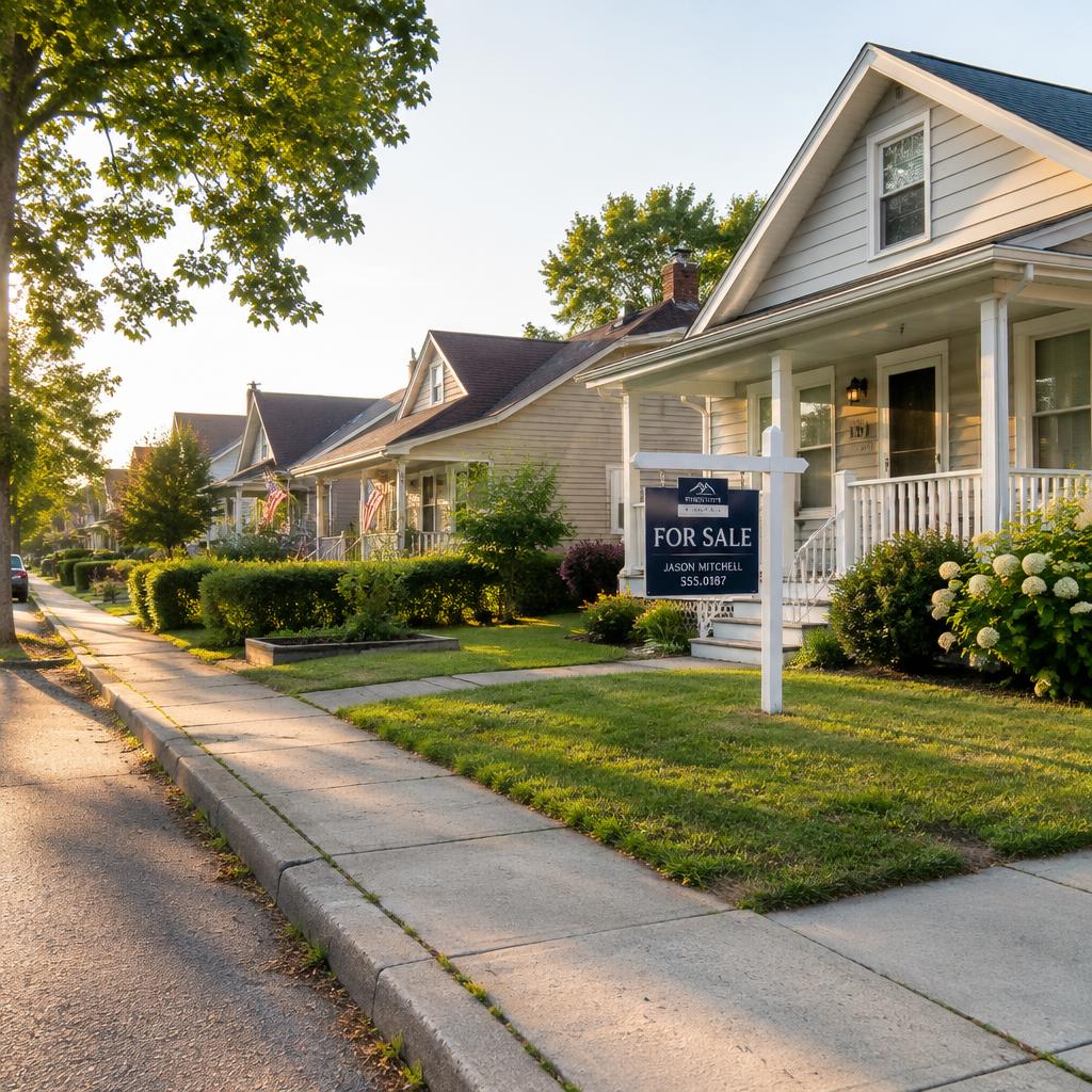 American neighborhood street with homes and a for-sale sign